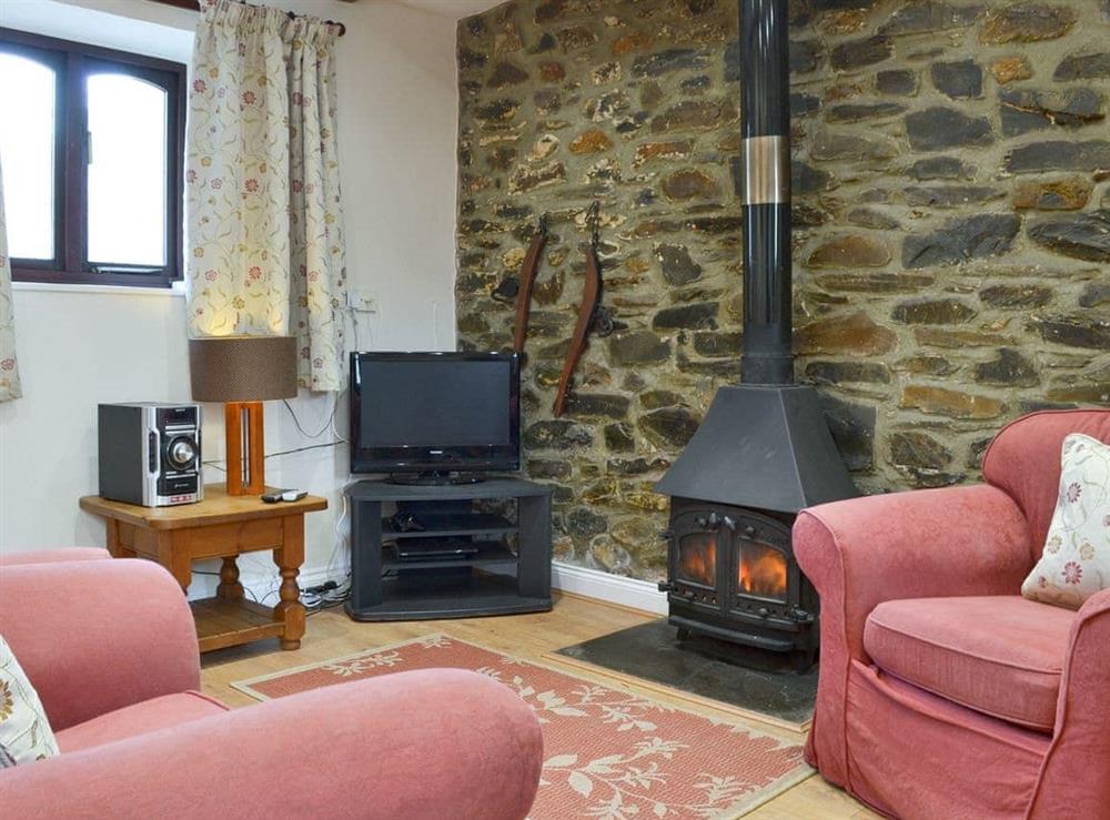 Welcoming living area with wood burner at Ross Cottage in Polson, Launceston, Cornwall