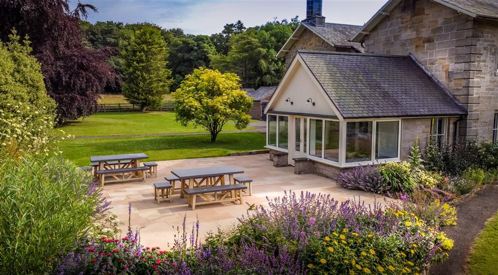 The outdoor seating area at Rothley Lakehouse in Morpeth, Northumberland