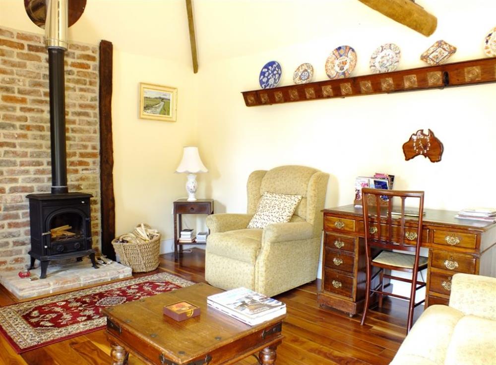 Living room and wood burner at Roundel Barn, Wittersham, Kent