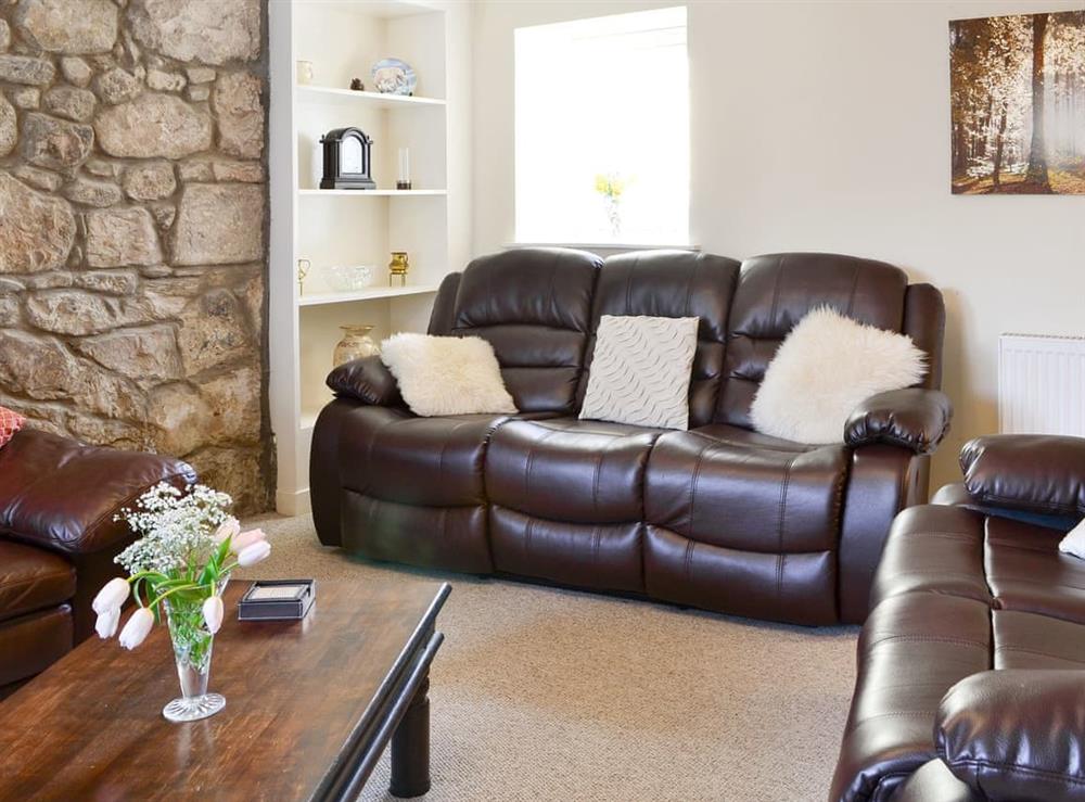 Comfy seating and an exposed stone feature wall in living room at The Granary, 