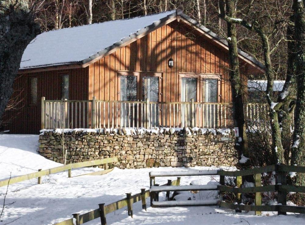 Beautiful snow covered cabin in Winter at Rowanburn Lodge in Greystoke, near Penrith, Cumbria