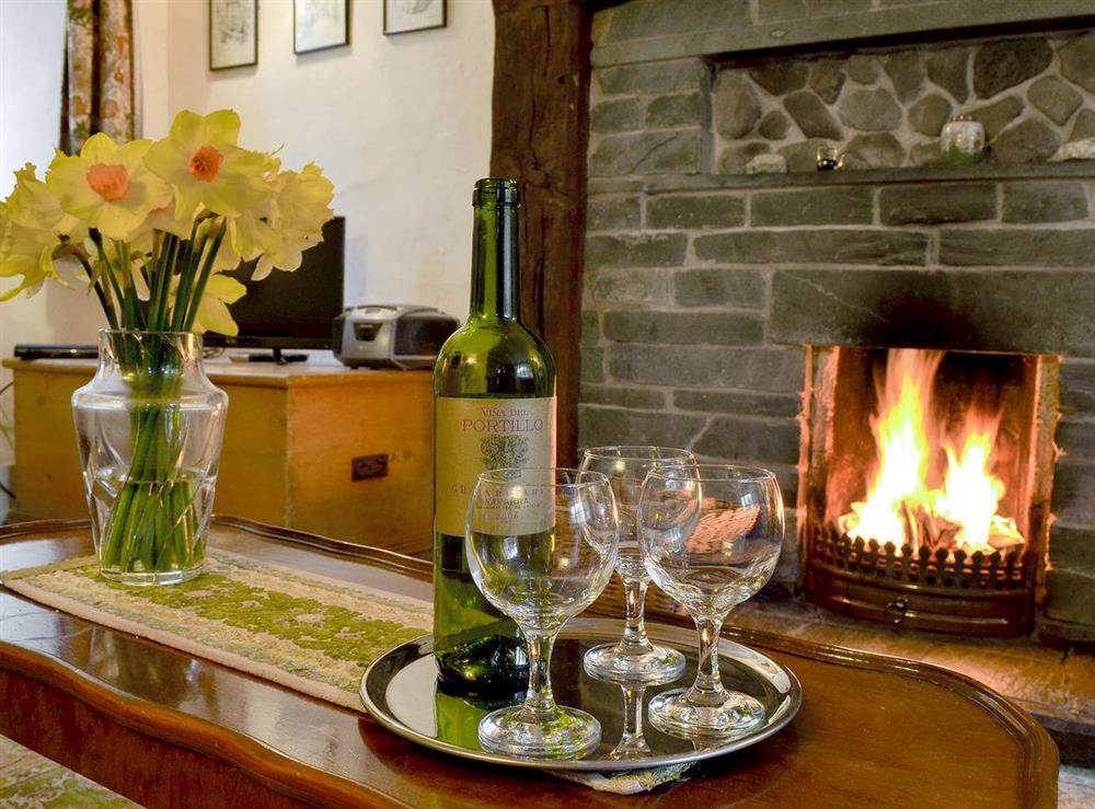 Homely living room with an open fire at Rowlandson Ground Cottage in Coniston, Cumbria