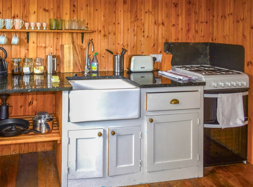 Kitchen area at Russet Yurt in Beaminster, Dorset