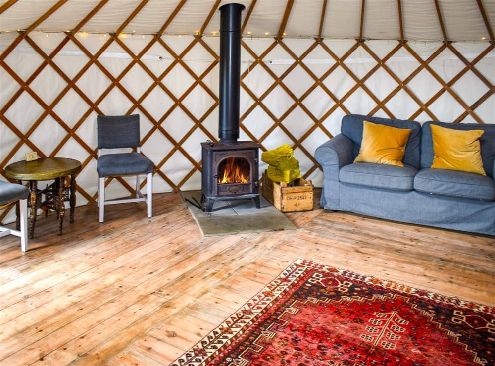 Living area at Russet Yurt in Beaminster, Dorset