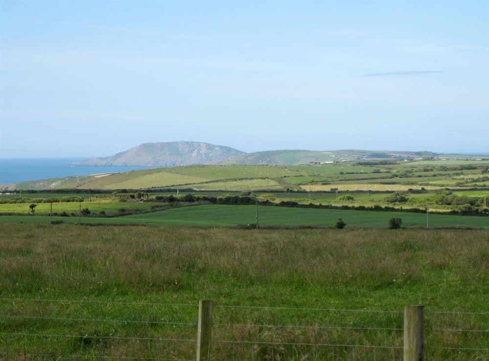 View from garden looking across the fields to Bardsey Island near Aberardon at Salfur in Rhiw, near Pwllhelli, Gwynedd