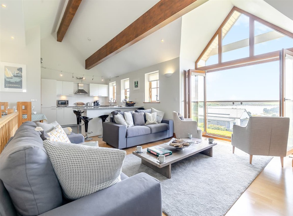 Open plan living space at Sandbar in St Just in Roseland, near Truro, Cornwall