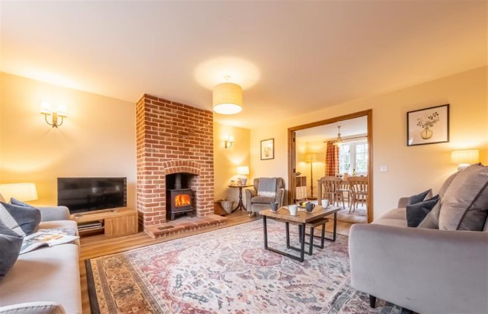 A spacious sitting room with wood burning stove at Sandpiper Lodge, Great Walsingham