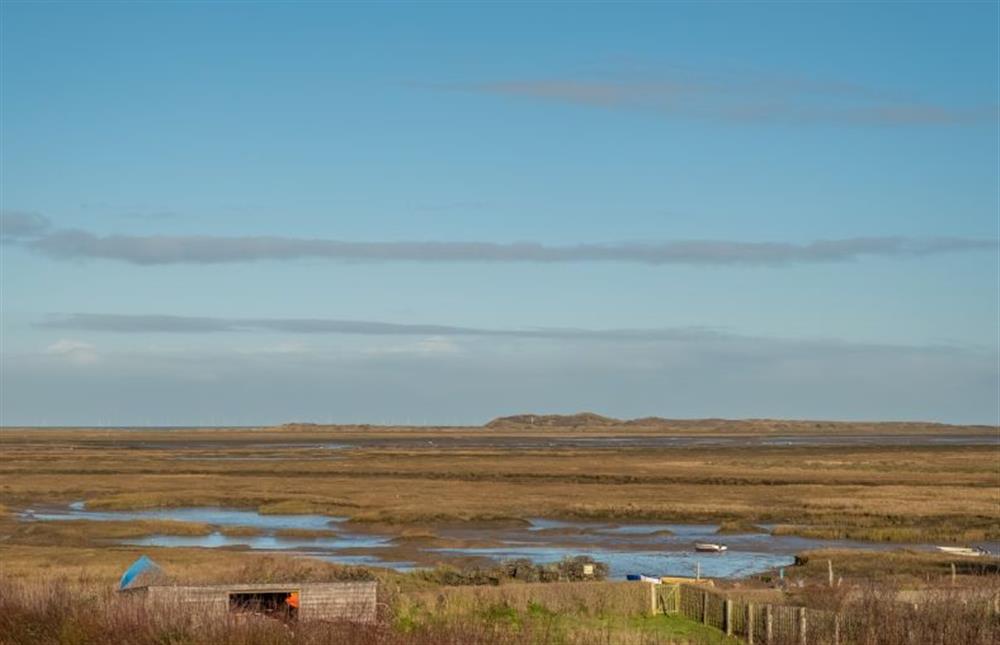 Brancaster salt marshes looking towards Scolt Head island at Sandpipers, Brancaster Staithe near Kings Lynn