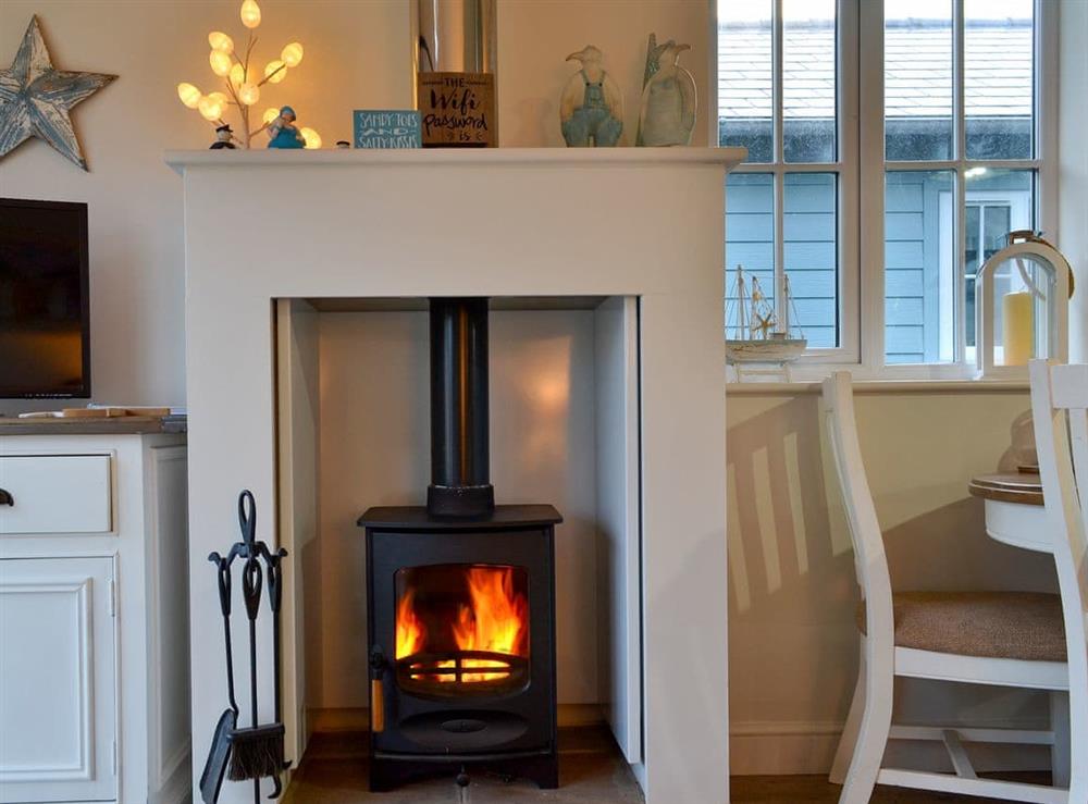 Relax and unwind in front of the woodburner at Sandy Bay Beach House in The Bay, Filey, North Yorkshire
