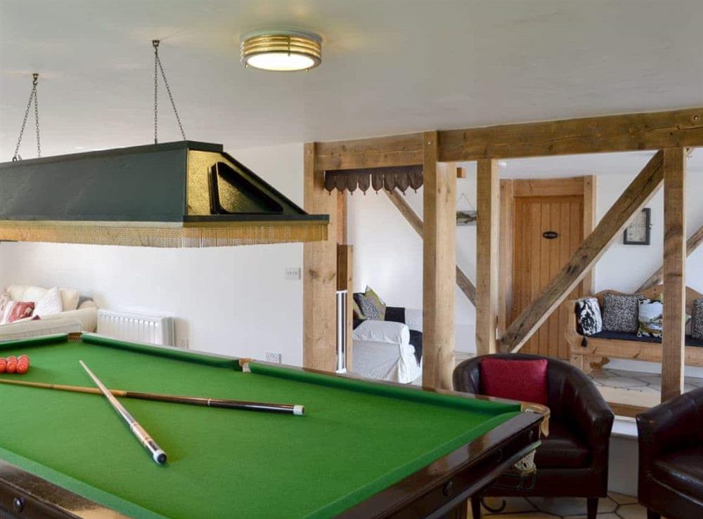 Open plan living room/ snooker table/ hallway at Saunders Oast Barn in Guestling, Nr Hastings, East Sussex., Great Britain