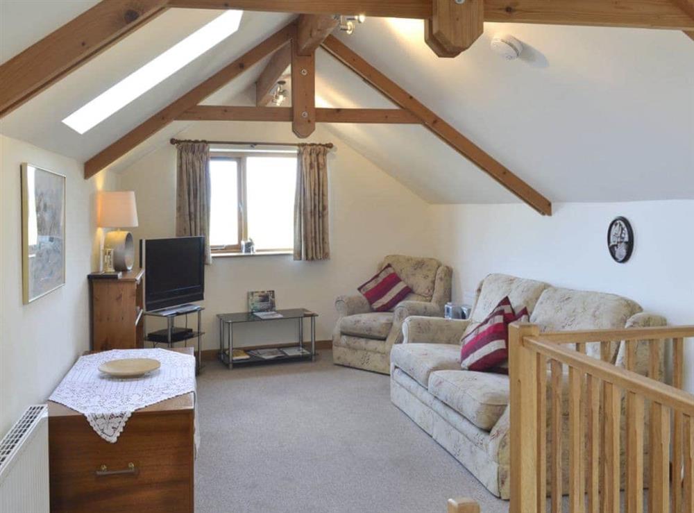 Spacious open plan living space woth vaulted beamed ceilings at Saundrys Barn in Port Isaac, Cornwall