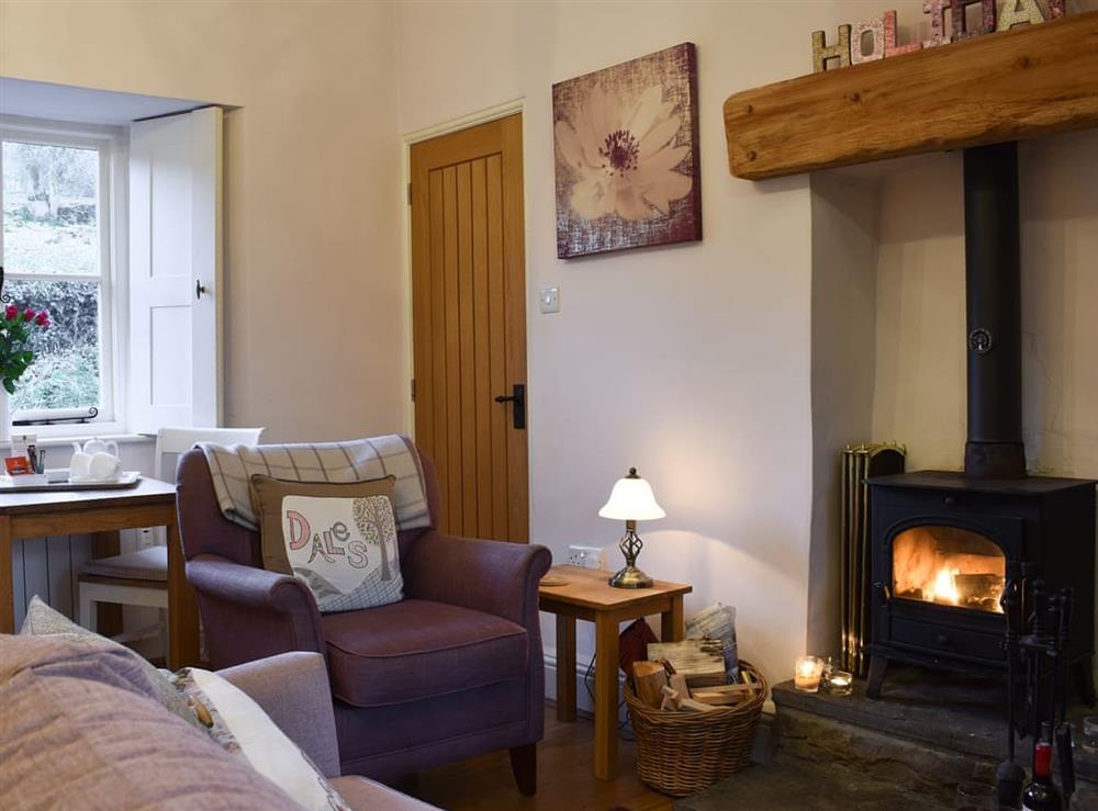 Cosy living room with wood burner at School Cottage in Newbiggin-in-Bishopdale, near Leyburn, North Yorkshire