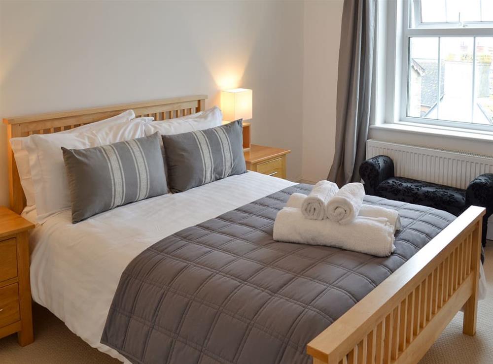 Double bedroom with queen size bed and sea views at Sea Glass in Marazion, Cornwall