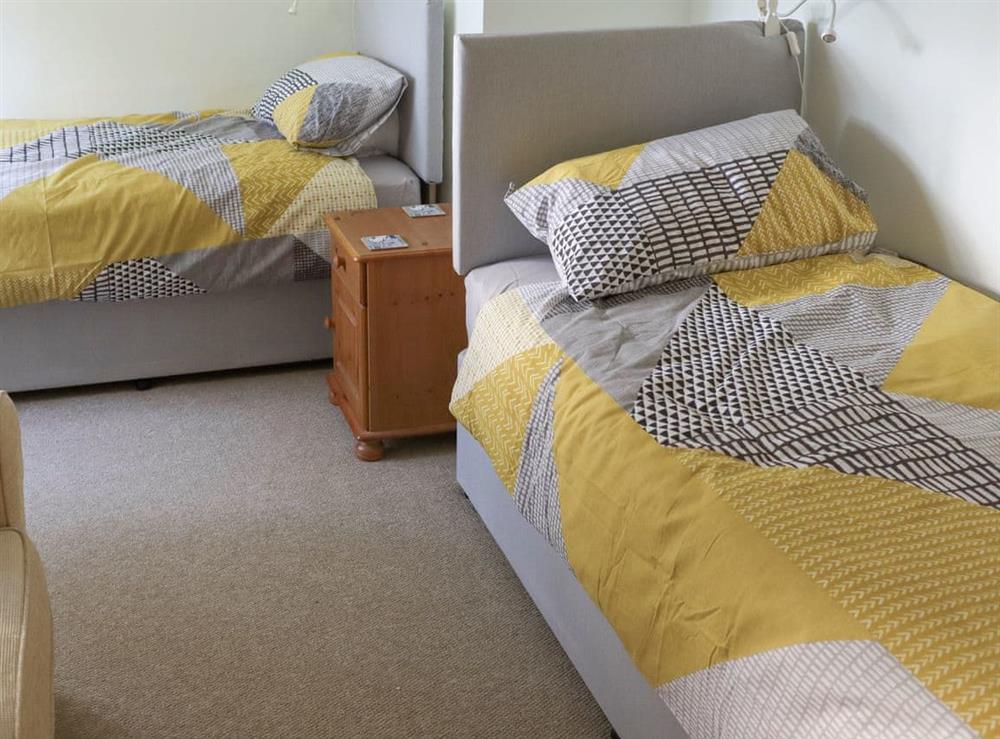 Bedroom with two single beds at Sea View Lodge in Rousdon, near Lyme Regis, Devon