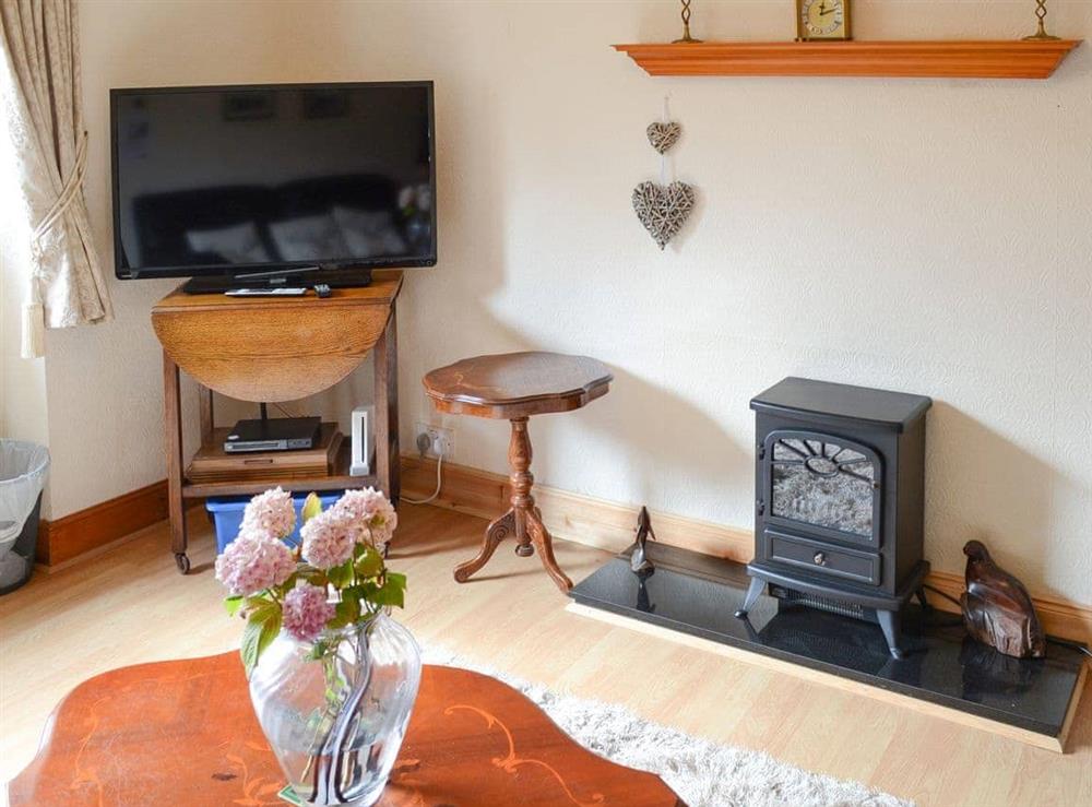 Living room with electric log burner at Seashell Cottage in Fishertown, near Nairn, Morayshire