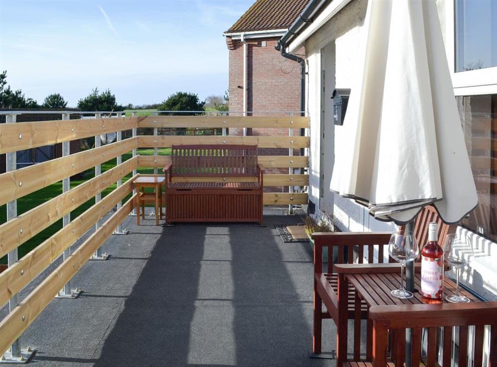 Furnished terrace at entrance to the holiday home at Seashell Heights in Mundesley, near North Walsham, Norfolk