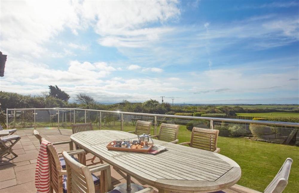 Large garden and patio area to the rear of property with sea views (photo 2) at Seawynds, Trelights Near Port Isaac