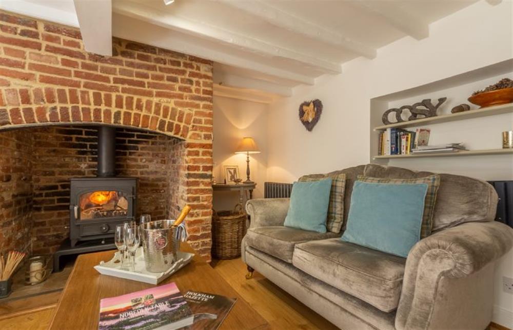 Ground floor: Cosy down on the sofa in  front of the stove at Sextons Yard Cottage, Docking near Kings Lynn