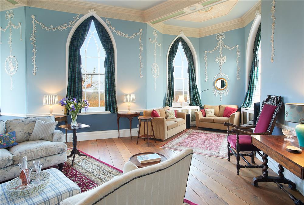 Spacious and elegant drawing room at Sham Castle, Acton Burnell