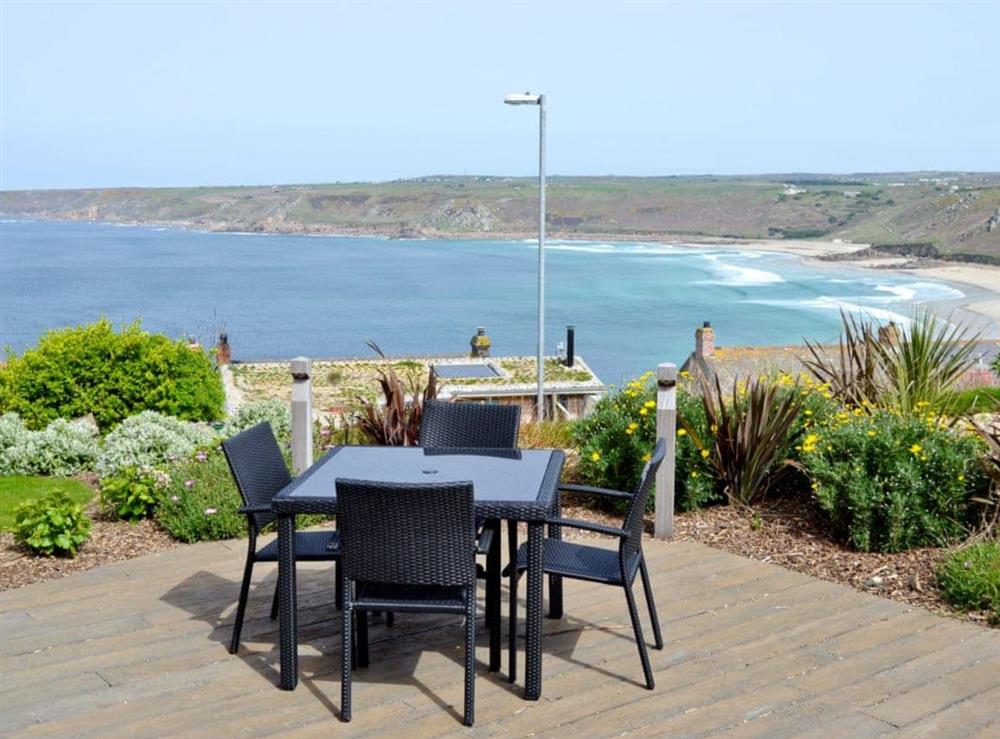 Sitting-out-area with spectacular views at Shark’s Fin in Sennen, S. Cornwall., Great Britain