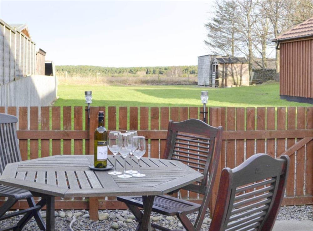 Patio with outdoor furniture at Shedend in Nether Dallachy, near Spey Bay, Morayshire