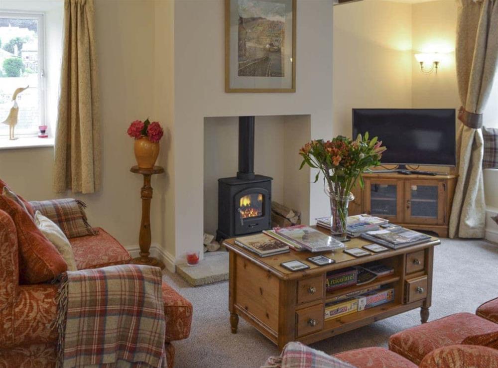 Welcoming living room with electric wood-burner style fire at Shelduck Cottage in Holmfirth, West Yorkshire