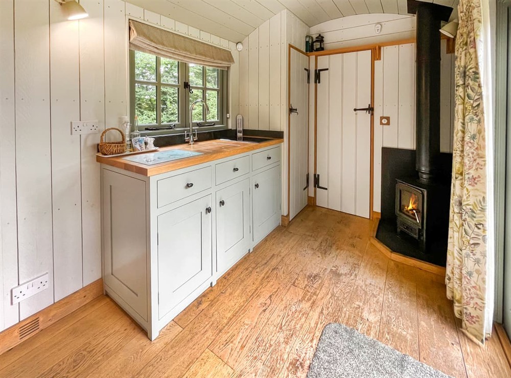 Open plan living space at Shepherds Hut in Shadowhurst, near Ashford, Kent