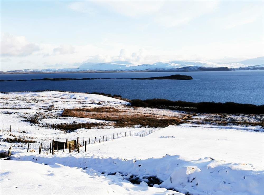 Winter snow at Single Malt Cottage in Geary, near Dunvegan, Isle of Skye, Scotland