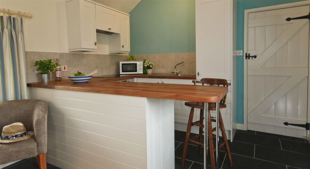 The kitchen area at Skipper's Cabin in Padstow, Cornwall