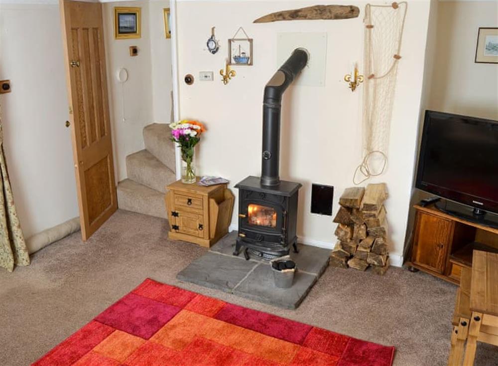 Cosy living room with wood burner at Smugglers Cove in Hemsby, near Caister-on-Sea, Norfolk