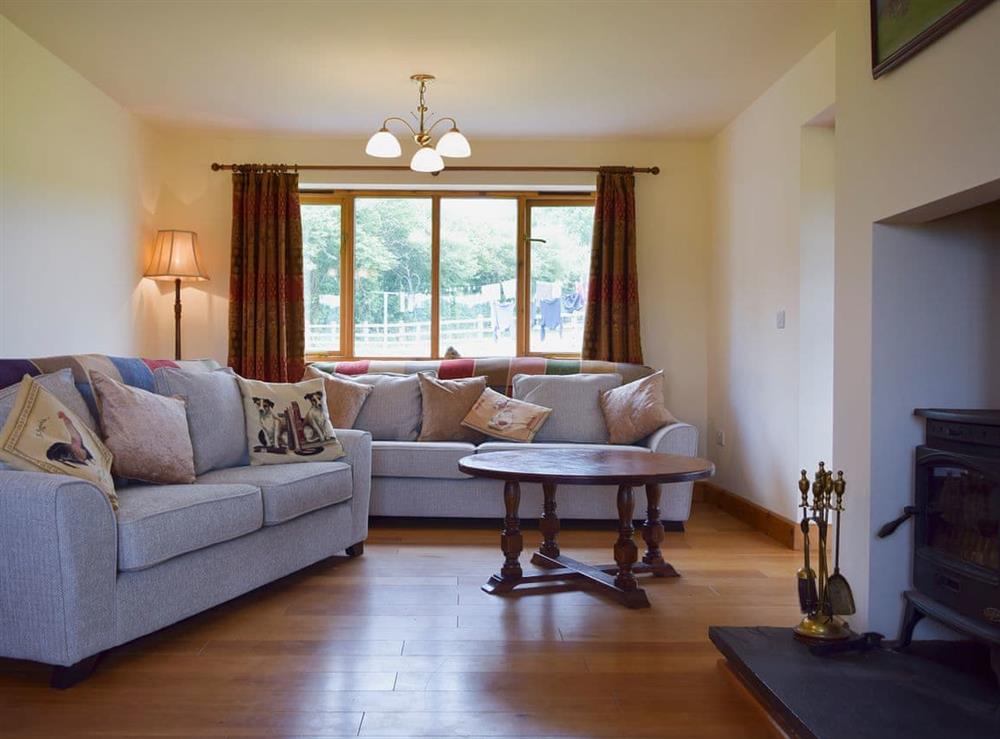 Spacious living room with wood burner at Solitude in Aberhafesp, near Newtown, Powys