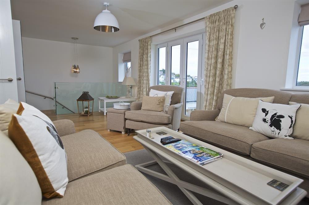 Elegantly furnished sitting room with two double sofas at Soundings in , Salcombe