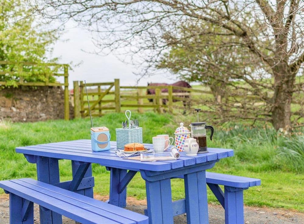 Outdoor eating area at South Berrington Shepherds Huts- Cow Parsley in Ancroft, near Berwick-upon-Tweed, Northumberland