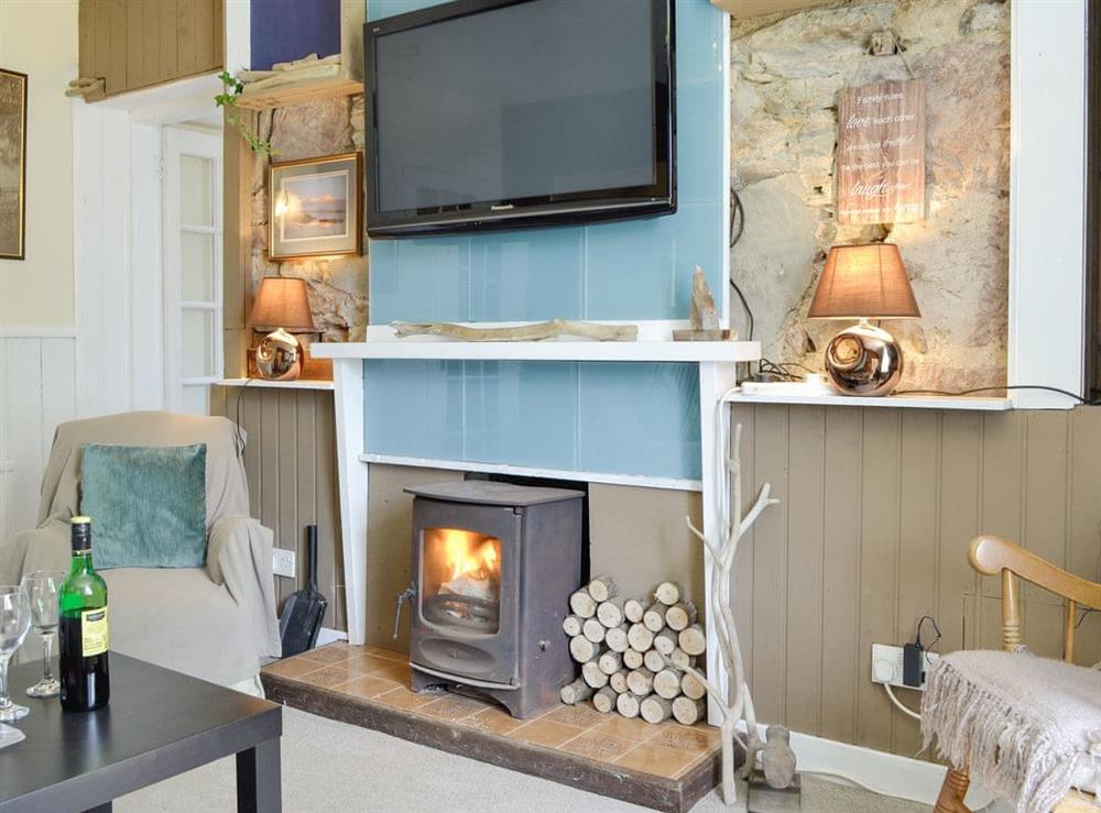 Welcoming living room with wood burner at South Cross Slacks Farmhouse in Gamrie, near Banff, Aberdeenshire