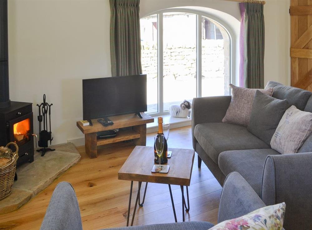 Comfy living area with wood burner at Spindlewell Barn in Elsdon, near Otterburn, Northumberland
