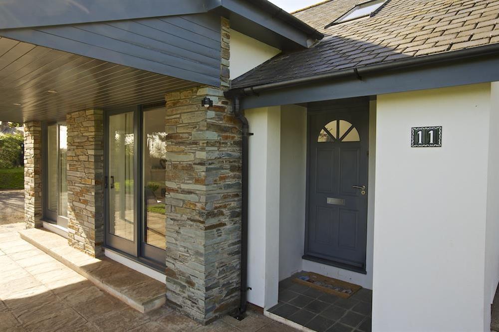 Front entrance and shaded patio area at Spindrift in , Thurlestone