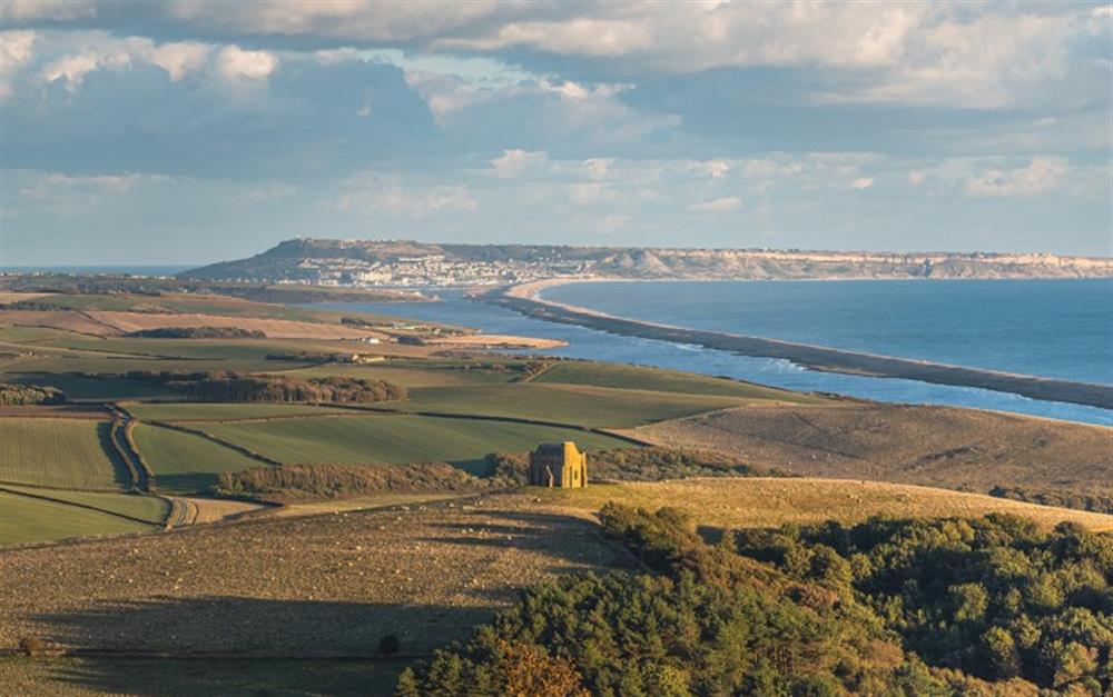 Scenes towards Chesil Bank from Abbotsbury Hill at Spring Cottage in Powerstock