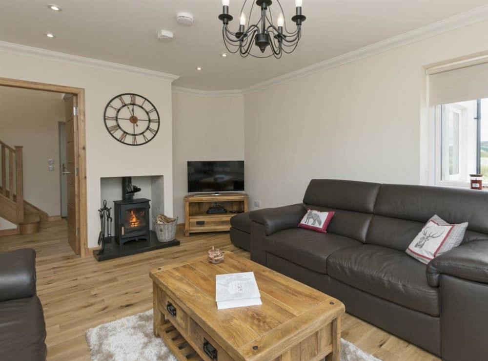 Stylishly furnished living room with cosy wood burner at Springbank in Upper Edinbane, near Portree, Isle Of Skye