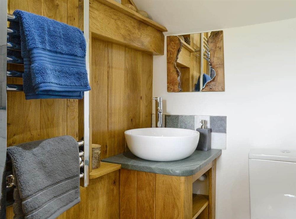 En-suite shower room with heated towel rail at Springlea Cottage in Deanscales, near Cockermouth, Cumbria