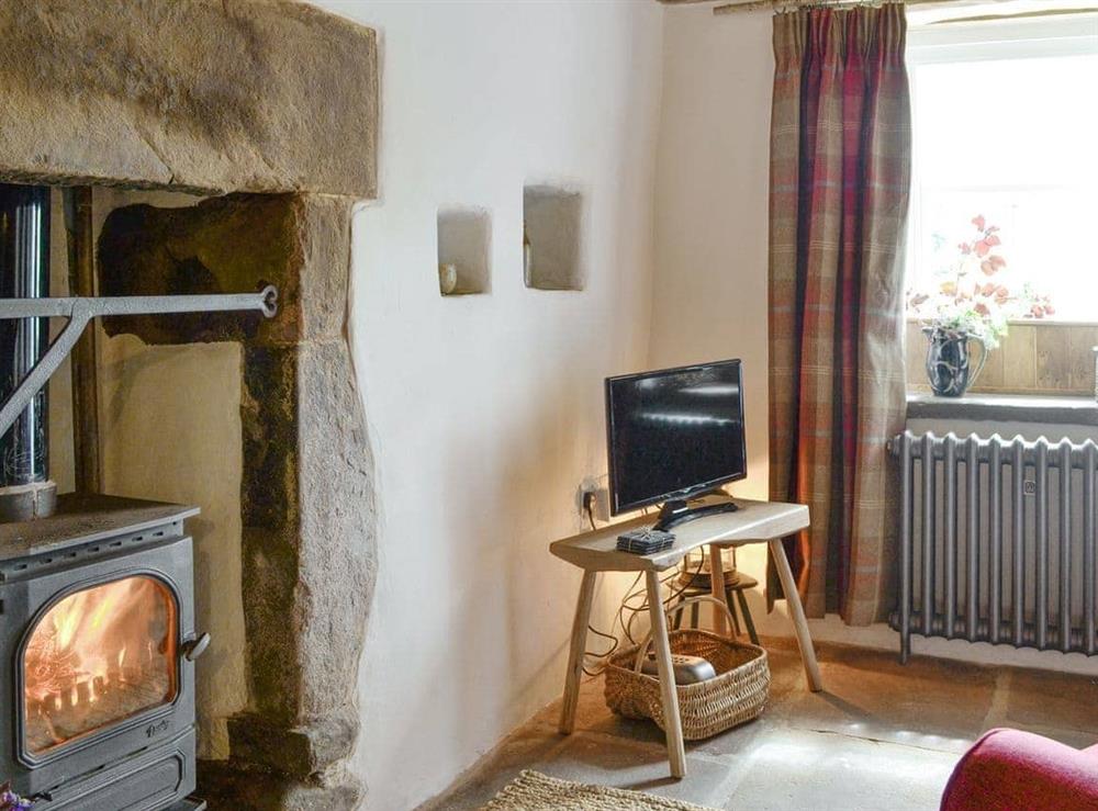 Warming wood burner within living room at Springlea Cottage in Deanscales, near Cockermouth, Cumbria