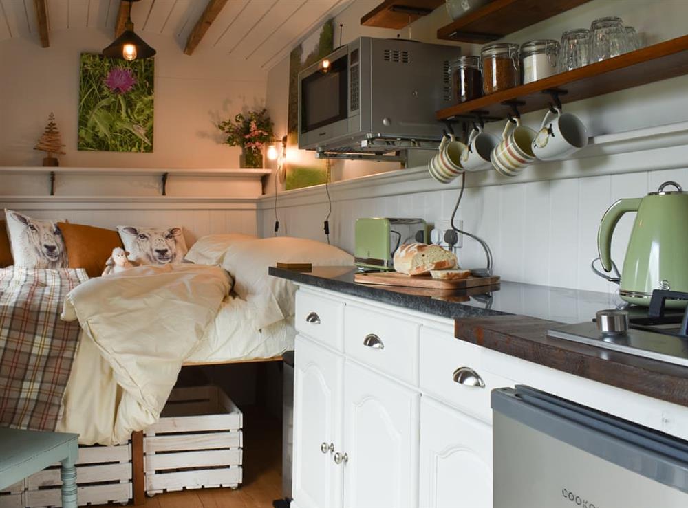 Kitchen area at Spruce Shepherds Hut in Wilmslow, Cheshire