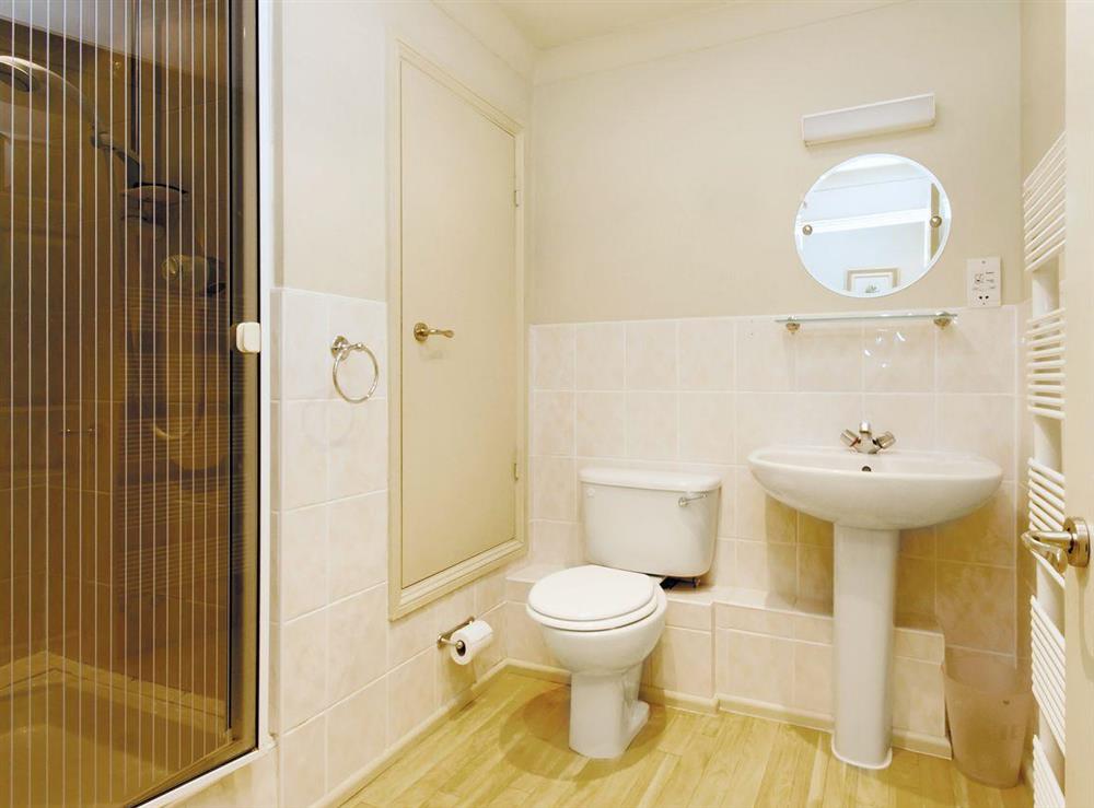 Bathroom with shower cubicle, basin and WC at St Elmo Court 7 in Salcombe, Devon