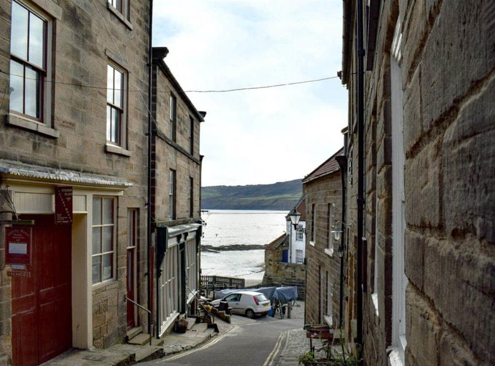 Surrounding area leading to the bay at St Robert’s Chantry in Robin Hoods Bay, near Whitby, North Yorkshire