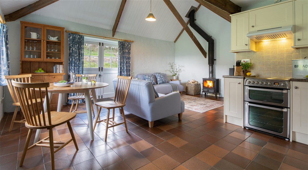 The open-plan kitchen, dining and sitting room at Stackpole Byre 2 in Pembroke, Pembrokeshire