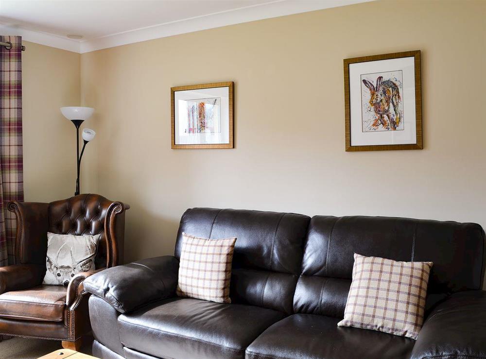 Comfortable leather sofas in the living room at Stags Neuk in Aviemore, Scottish Highlands, Inverness-Shire