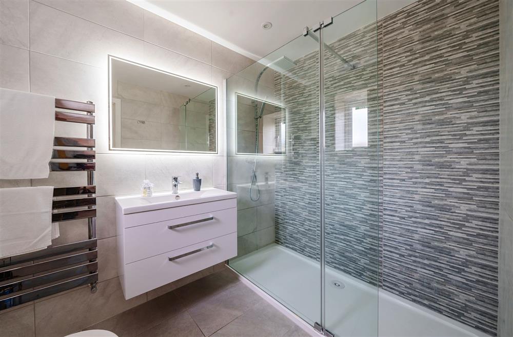 Bedroom one’s en-suite shower room with walk-in shower, hand basin and WC at Stags Retreat, Sherborne