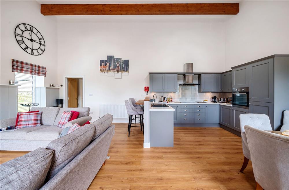 The open-plan kitchen, dining and sitting area accommodating additional guests at Stags Retreat, Sherborne