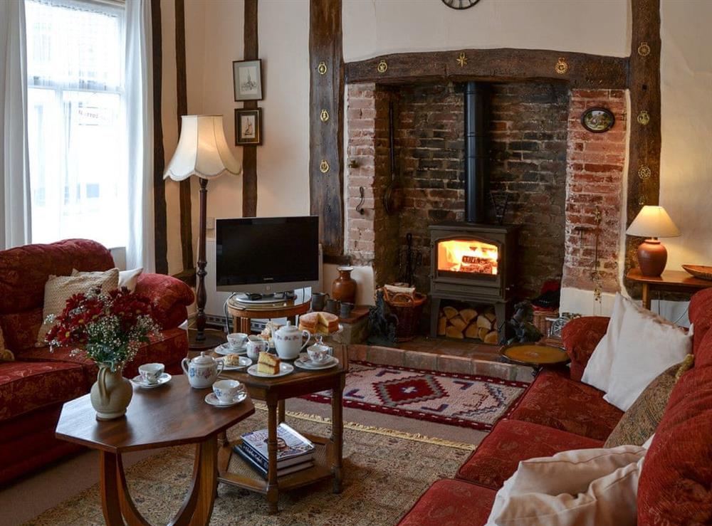 Cosy living room with wood burner at Star Cottage in Eye, Suffolk
