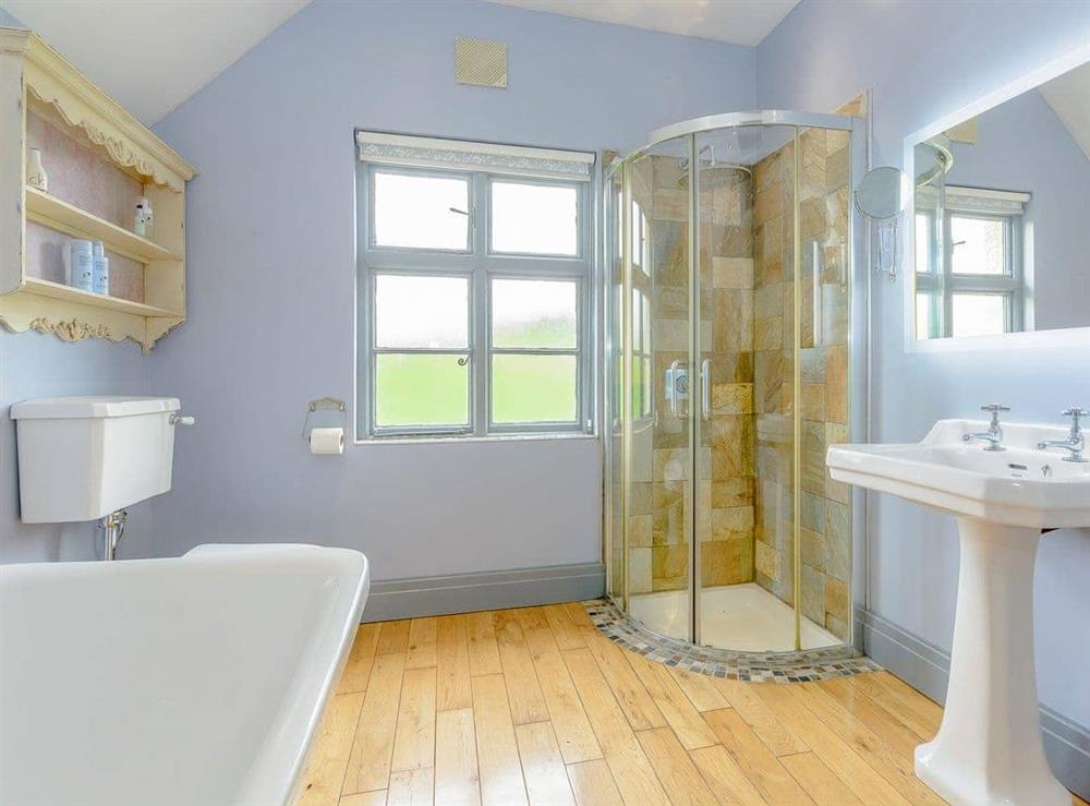 Impressive bathroom with freestanding bath at Station House in Miller’s Dale, near Buxton, Derbyshire