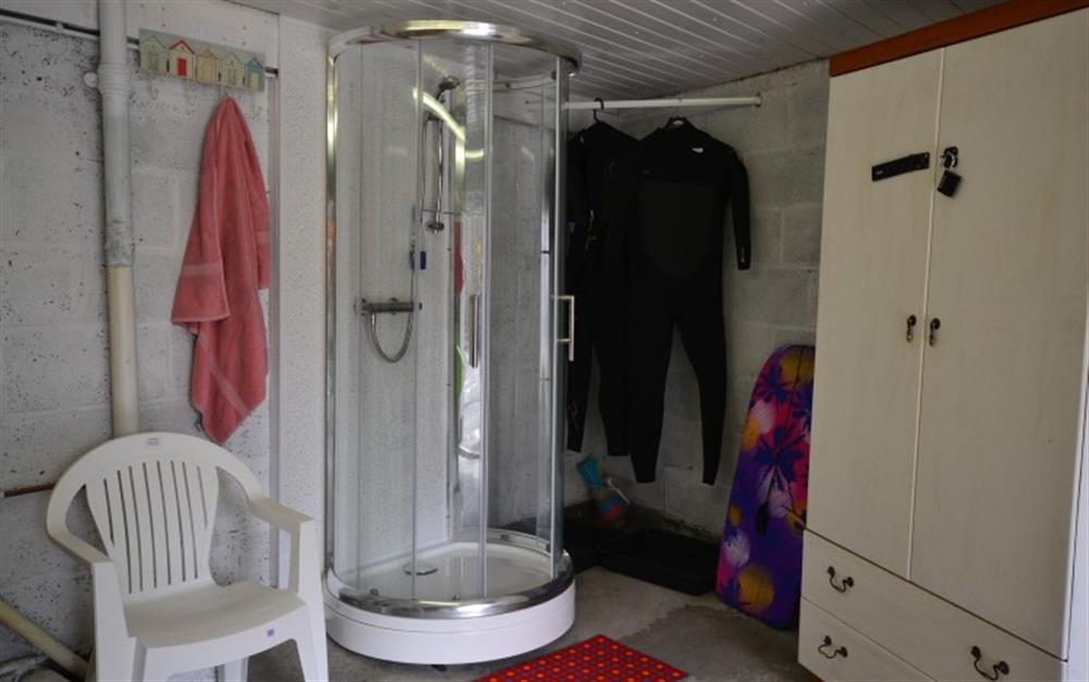 The shower in the garage for removing sand from your day at the beach at Step-A-Side in Looe